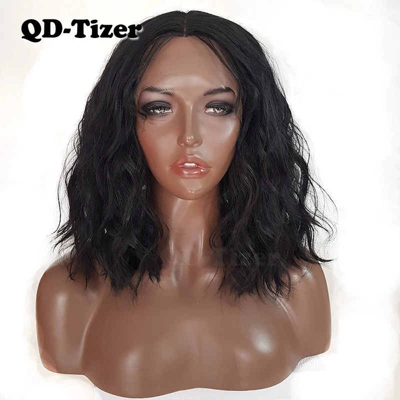 QD-Tizer Bob Wavy Wig Short Hair Wigs Synthetic Lace Front Wig No Bangs Shoulder Length Middle Part Wigs Black Color