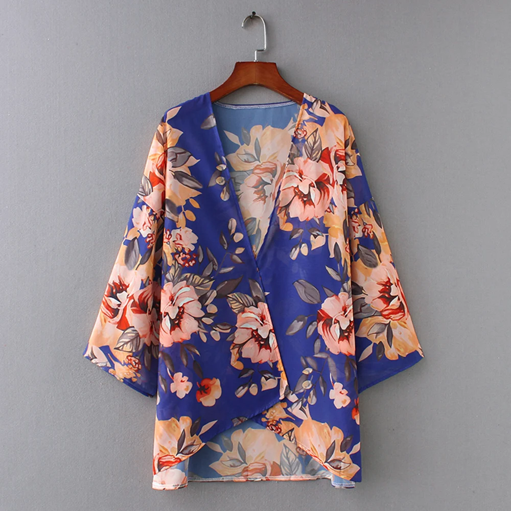 Casual Vintage Kimono Cardigan Ladies 2019 Summer Long Crochet Chiffon preto Loose flora printed Blouse Tops Black |