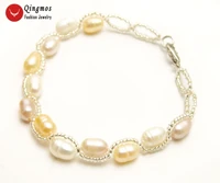 qingmos natural pearl bracelet for women with 5 6mm white pink purple rice pearl crystal handwork weave bracelet fine jewelry