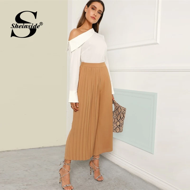 Sheinside хаки элегантные плиссированные широкие брюки для женщин весенние укороченные брюки с эластичной талией Женские однотонные брюки со средней талией