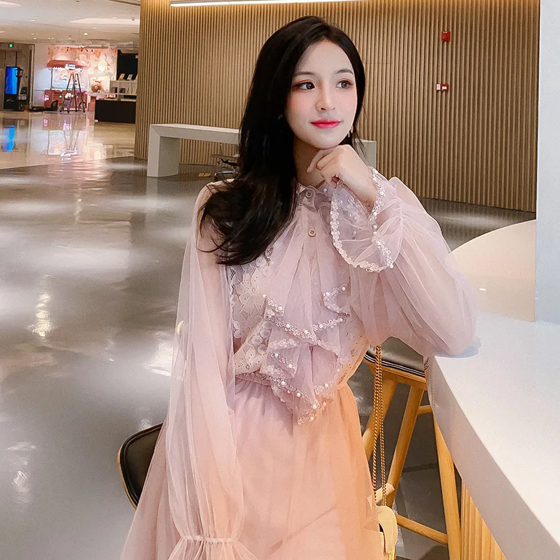 Женское платье из чистой пряжи с деревянными ушками и кружевными бусинами для