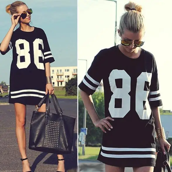 New 2014 Summer Women Celebrity Oversized 86 American Baseball Tee T Shirt Top Short Sleeve Loose Dress Black M L XL | Женская одежда
