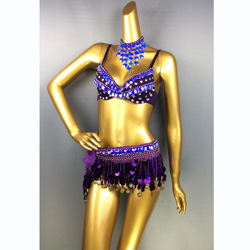 2020 Sexy Samba Belly Dance Costume for Women Hand Beaded sequins purple Color Bra and Scarf Necklace 3 pieces
