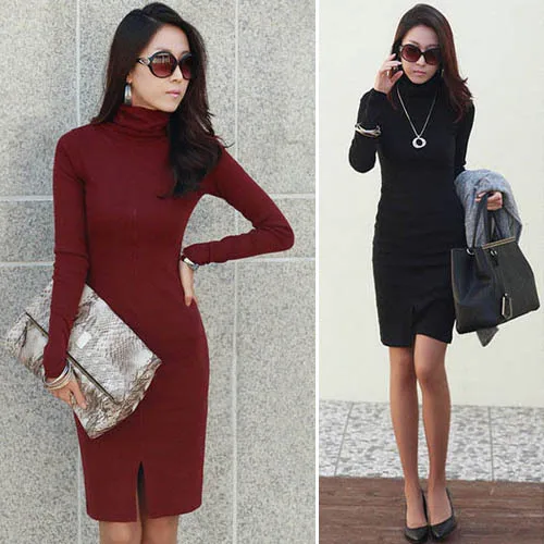 2015 autumn winter Women's turtleneck dress long-sleeve basic women knee length solid sheath woolen | Женская одежда