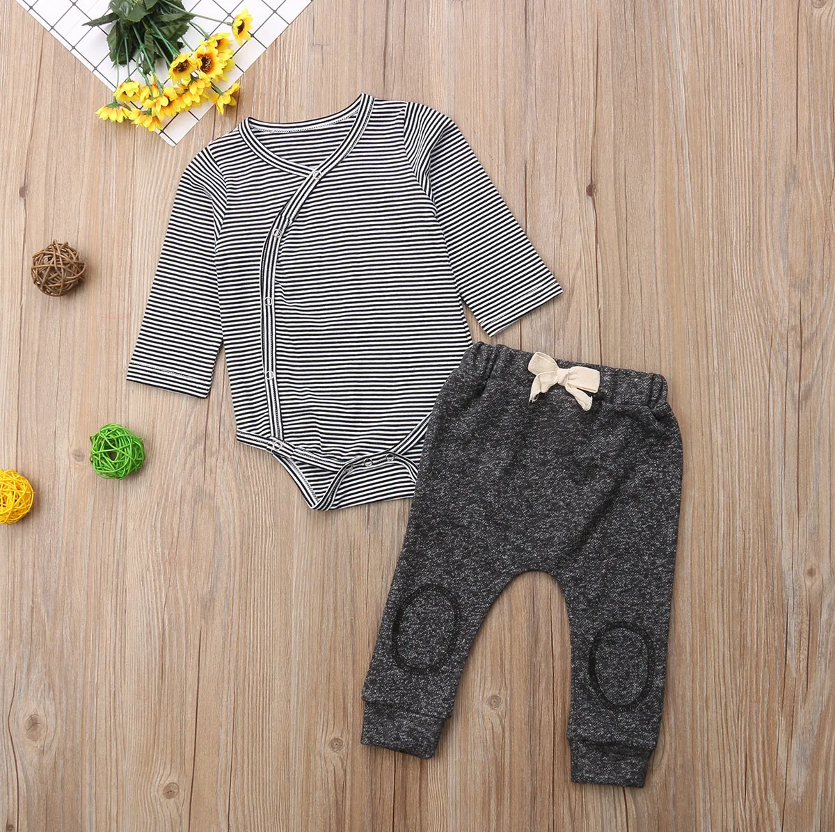 Newborn Kids Baby Clothes Sets Fall Girls Boys Stripe Bodysuits+Pants 2Pcs Outfits Set Cute Toddler Suits 0-24M | Детская одежда и