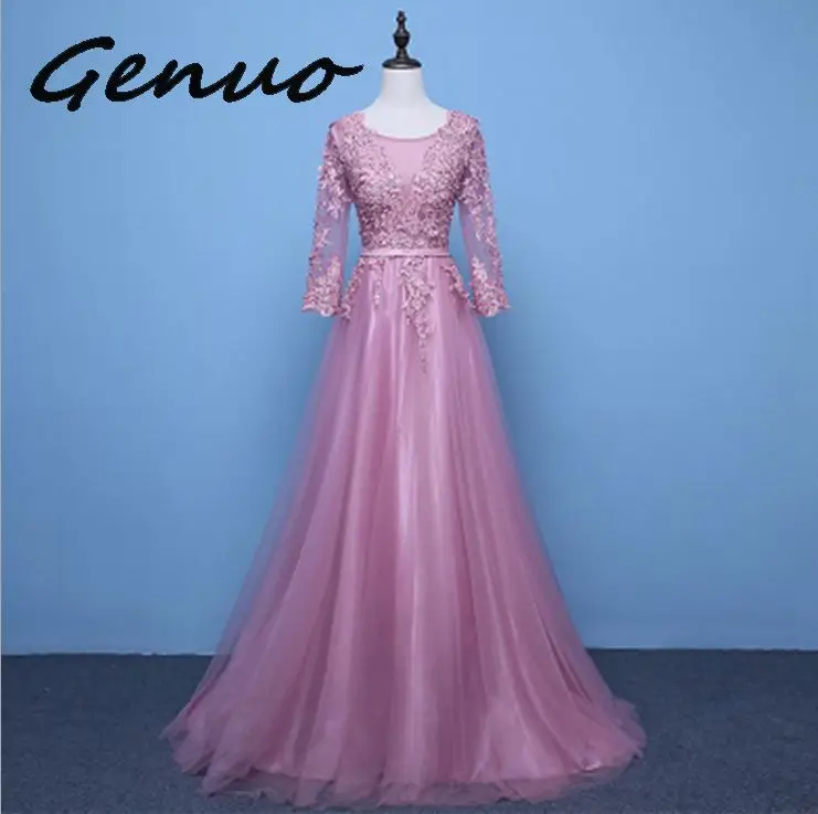 Genuo, новинка, три четверти, иллюзия, открытая спина, шнуровка, цветы, элегантное милое платье, длина до пола, вечерние платья, платья для вечеринок - Цвет: pink