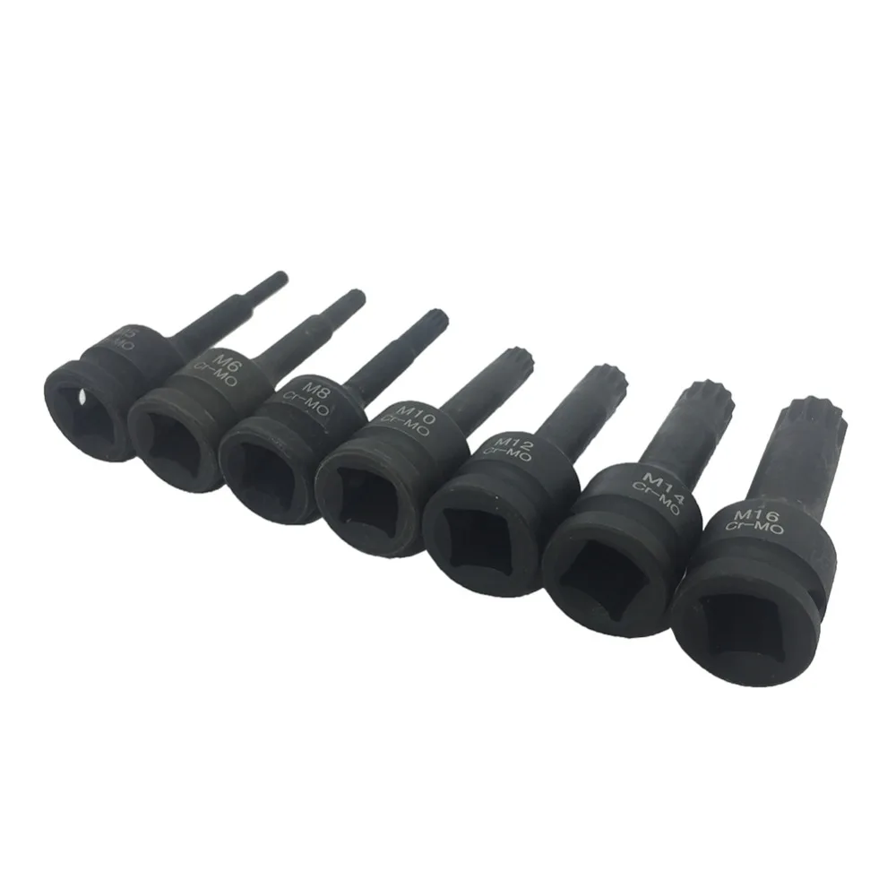 7Pcs 1/2&quot Drive Impact Spline Bit Socket Set Multifunctional Cr-Mo M5 M6 M8 M10 M12 M14 M16 Long Black Bits Sets | Инструменты