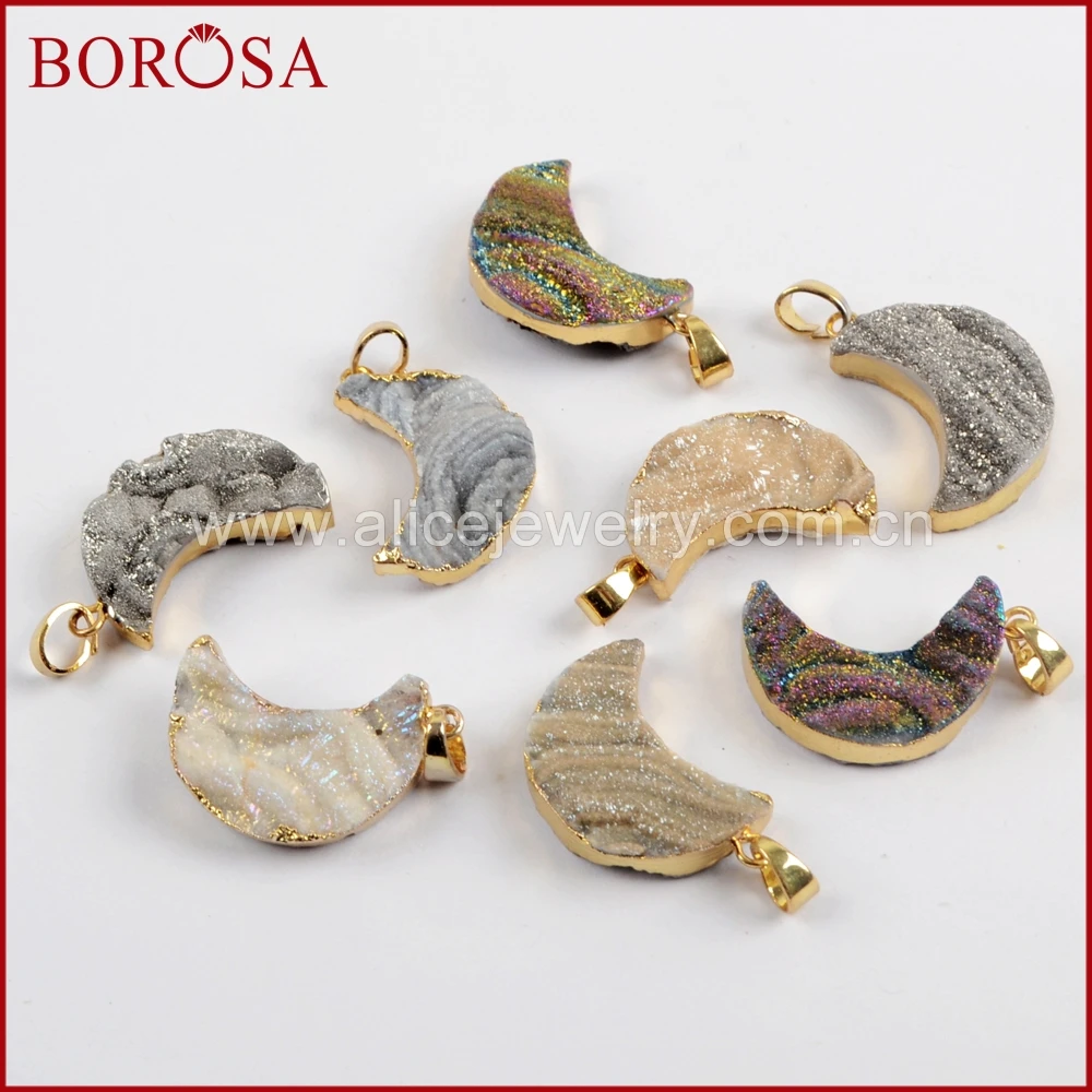 

BOROSA 10PCS Fashion Gold Color Moon Rainbow Titanium Galaxy Druzy Quartz Pendant Beads for Necklace Jewelry for Women G1611