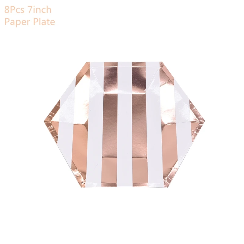 8pcs 7inch plate Розовое золото вечерние одноразовые столовые приборы набор вечерние бумажные стаканчики тарелки и соломки вечерние украшения стола свадебные принадлежности для дня рождения - Цвет: 8pcs 7inch plate