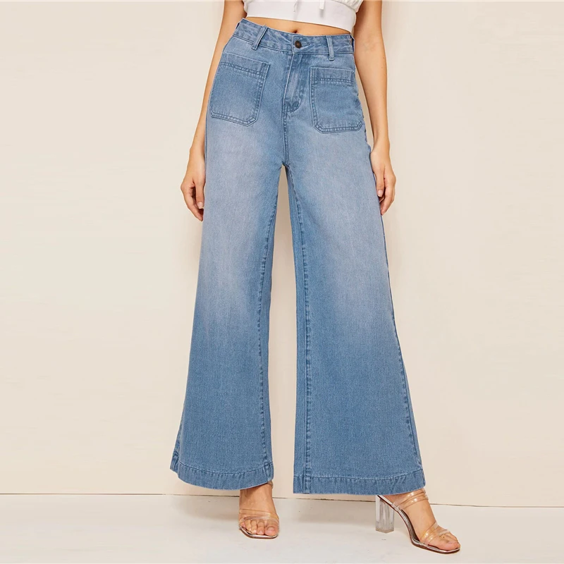 Sheinside Blue Vintage Double Pocket Detail Jeans Women Summer Mid Waist Wide Leg Trousers Ladies Denim Button Pants