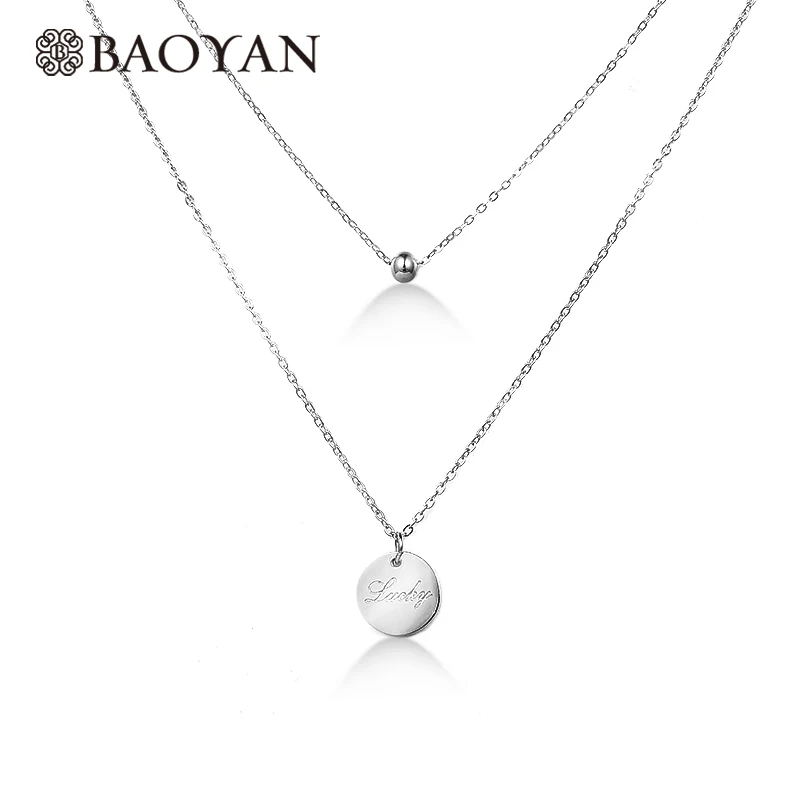 Ожерелье BAOYAN Lucky Tag, двухслойная подвеска круглая бирка, ожерелье, модное, розовое золото, серебро, золото, нержавеющая сталь, ожерелье для женщин