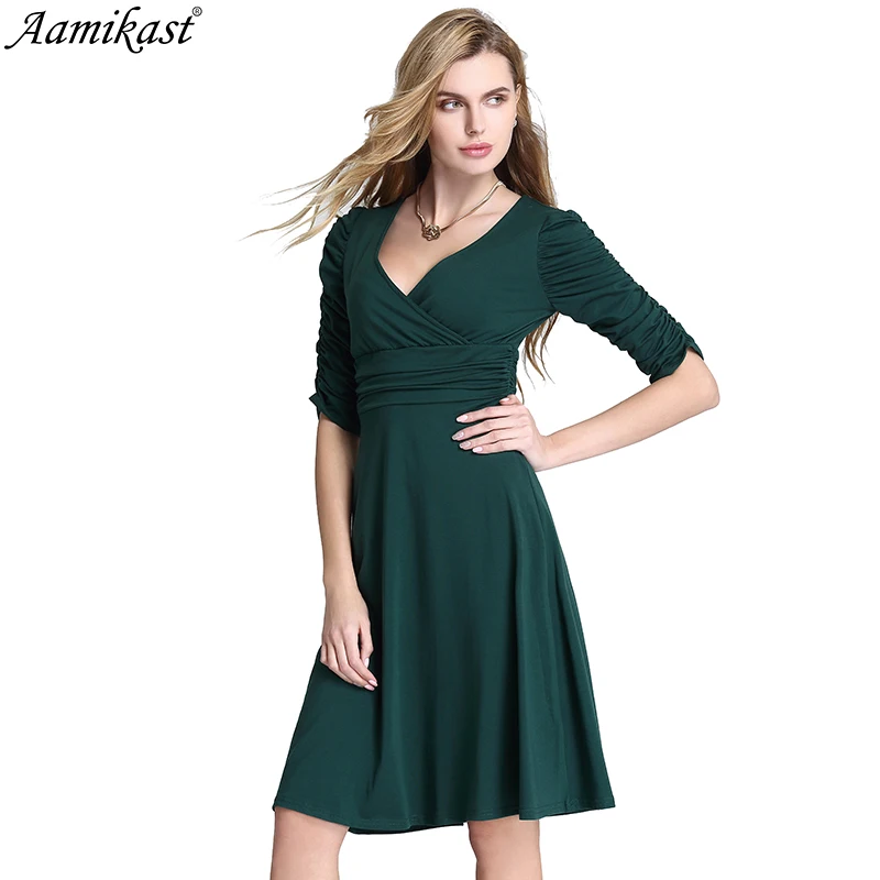 

Amikast 2019 Autumn Winter Dress Women Three Quarter Sexy V-Neck Casual Pleated Tunic Office Knitted Dresses Vestidos De Festa