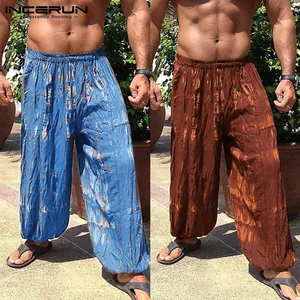 INCERUN мужские брюки большого размера свободные шаровары с широкими штанинами с галстуком-краской повседневные длинные мешковатые штаны из хлопка с большим шаговым швом и эластичной резинкой на талии 2020