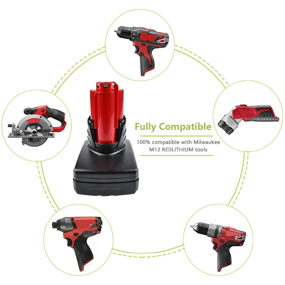Powtree For Milwaukee 2PCS 12V 4000mAh M12 Red Power Tool Li-ion Battery Replacement C12 B BX 48-11-2401 48-11-2402 D | Электроника
