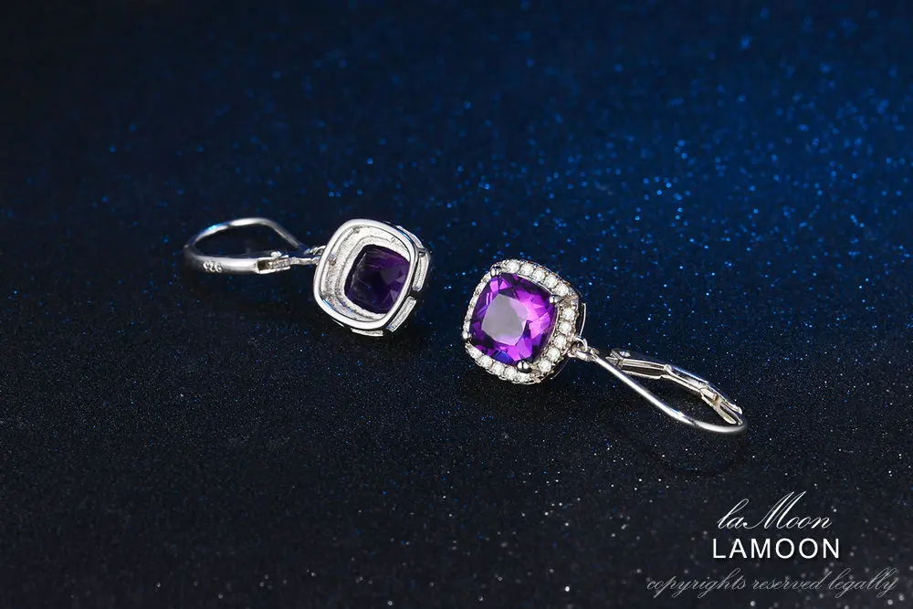 LAMOON-6 мм 2.4ct натуральный Фиолетовый аметист 925 пробы серебряные ювелирные изделия Висячие серьги S925 LMEI001