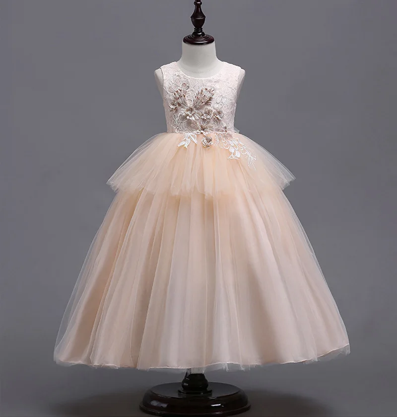 Летнее свадебное платье Хай» Vestidos, для детей Платья для девочек, одежда вышитое платье в стиле принцессы 3 4 5 6 7 8 От 9 до 14 лет - Цвет: Champagne