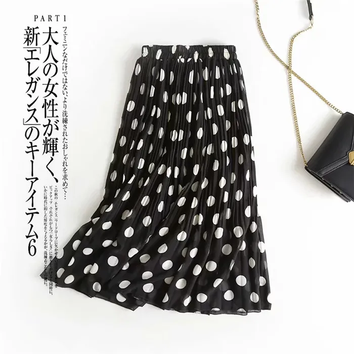 Women Summer Polka Print Chiffon Long Skirt Female European Style Pleated Elastic High Waist Skirts For Sweet Girl Skirt