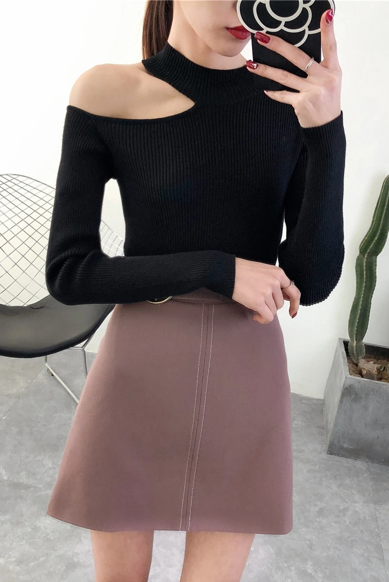 Spring Autumn Women Knitting Jumper Pullover Black Long Sleeve Half Collar Chunky Choker Sexy Sweaters Knitted pull femme | Женская