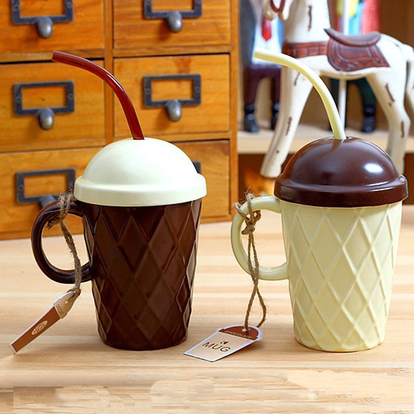 Креативная керамическая кружка с рисунком мороженого чашка питьевой соломой