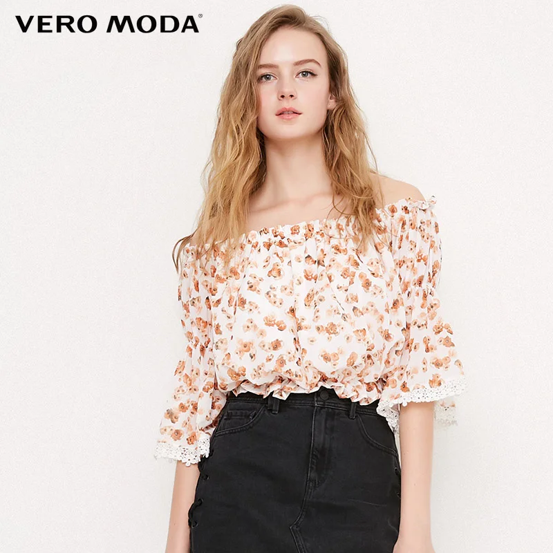 Vero Moda 2019 весна лето новый цветочный принт расклешенные рукава с вырезом лодочкой