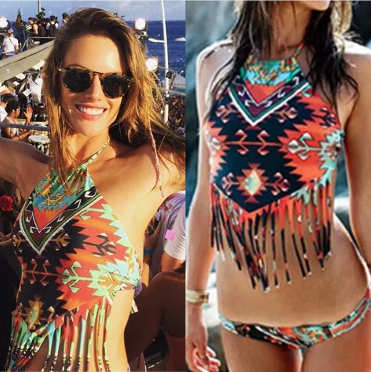 2016 Aztec сексуальный оранжевый топ с бахромой бикини женский дешевый купальник пуш