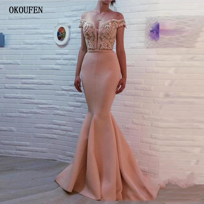 

Pink Mermaid Prom Dresses 2021 Off the Shoulder Sexy Beadings Formal Party Evening Gowns vestidos de fiesta robe de soiree gala