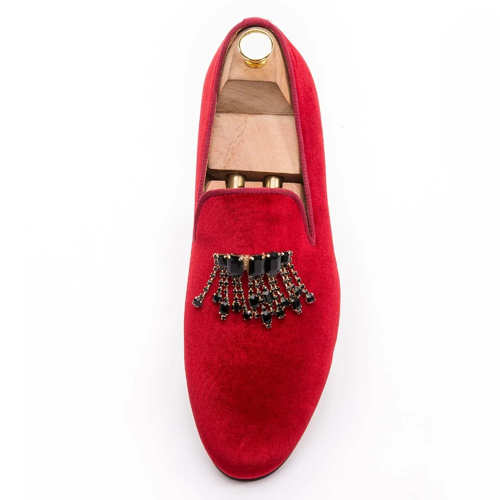 new high grade red velvet handmade men shoes with black rhinestone Chains classic banquet loafers male dress | Обувь