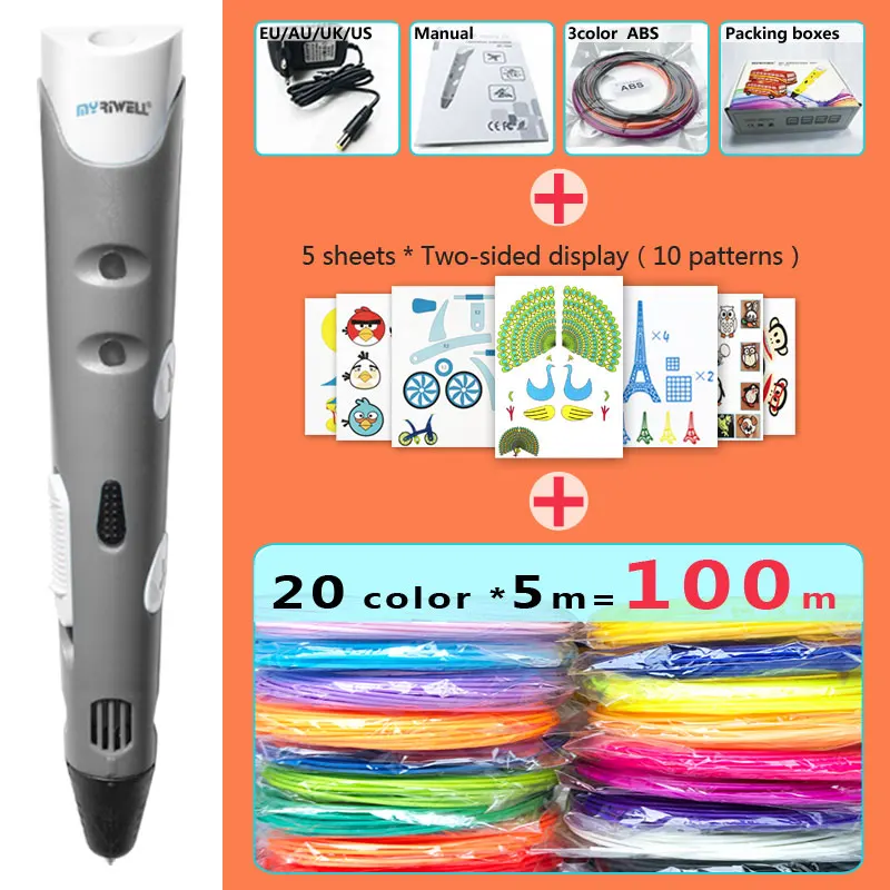 Gray pen Package 3 Myriwell 3d Ручка 3d ручки, 1,75 мм ABS/PLA нити, 3 d ручка SmartChild подарок на день рождения, 3d печать pen3d модель - Цвет: Gray pen Package 3