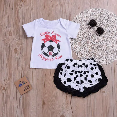 Baby Girl Kid Summer Volleyball Sport Little sister biggest fan White Letter Print T-shirts Toddler Clothes Tops+Shorts Pants | Мать и