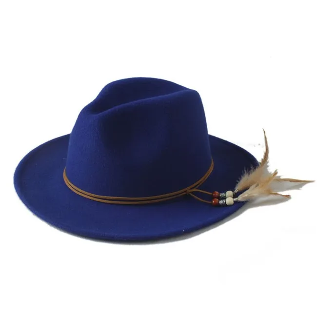Новая модная шерстяная Унисекс Женская широкая шляпа с полями Fedora Для Laday Мужская шерстяная Панама с перьями повязка на голову джазовая шляпка для церкви