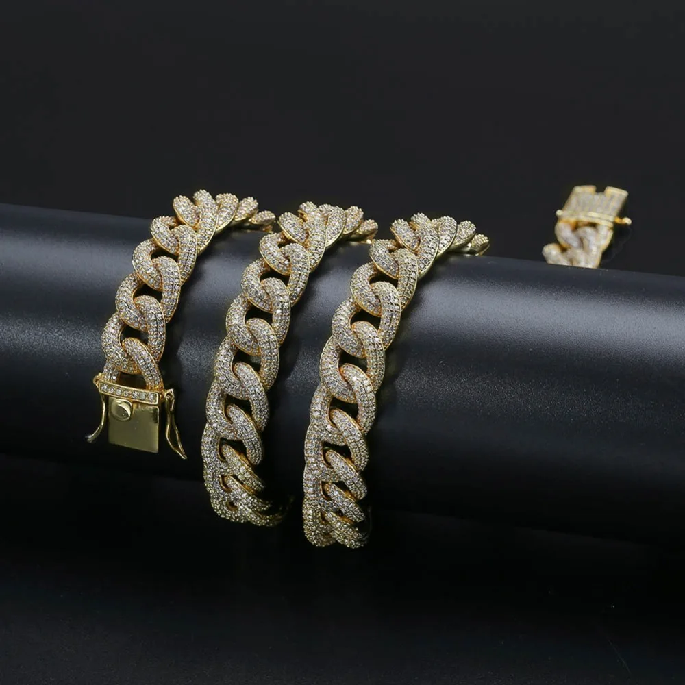 13 мм Полное Iced Out кубинское звено цепи ожерелье мужские Золото Серебро Цвет отделка циркониевое ожерелье кубической формы микро проложить хип хоп ювелирные изделия