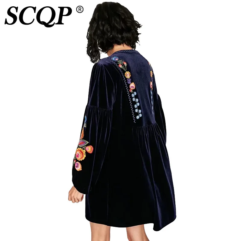 SCQP свободные Цветочные Вышивка Для женщин Вельветовое платье длиной выше колена