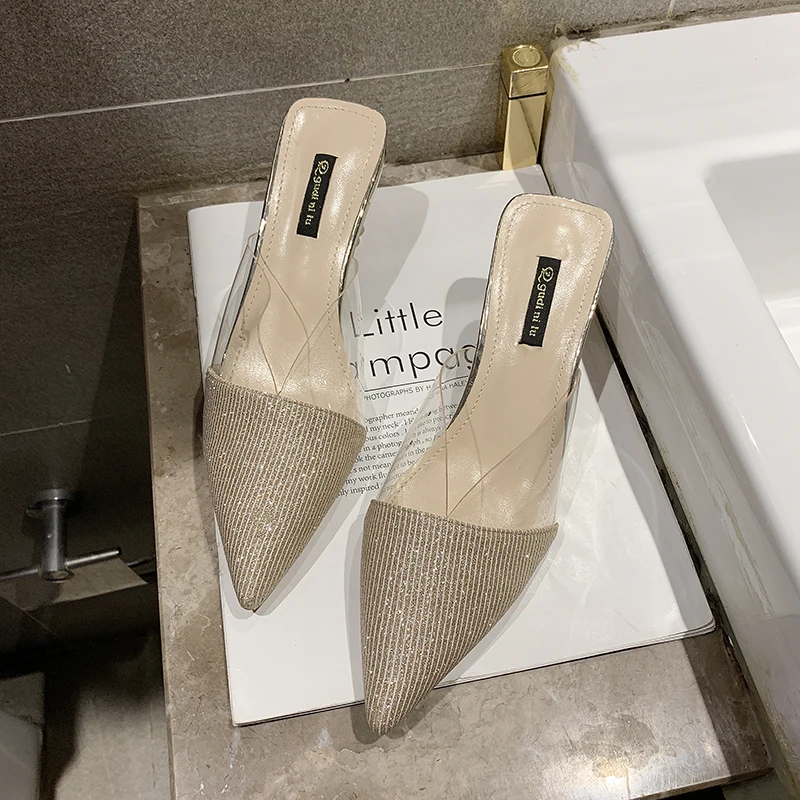 Летние женские туфли без задника на высоком каблуке с острым носком Модельные