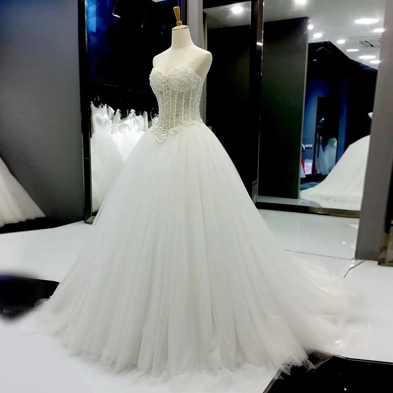 Роскошный Жемчуг Свадебное Платье 2017 Новых Прибытие Sexy Милая С Плеча Белый Тюль