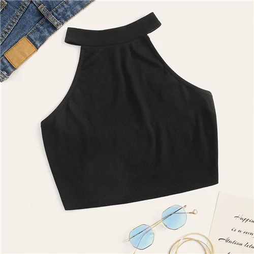 Black SweatyRocks женский топ с бретелькой через шею,, модный летний Повседневный Топ с открытой спиной, Женский облегающий сексуальный жилет - Цвет: Black