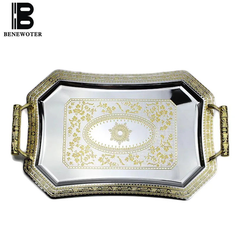 

European Style Gold and Silver Color Mirror Surface Stainless Steel Tray Rectangle Home Tea Tray Hotel KTV Fruit Tray Decoration