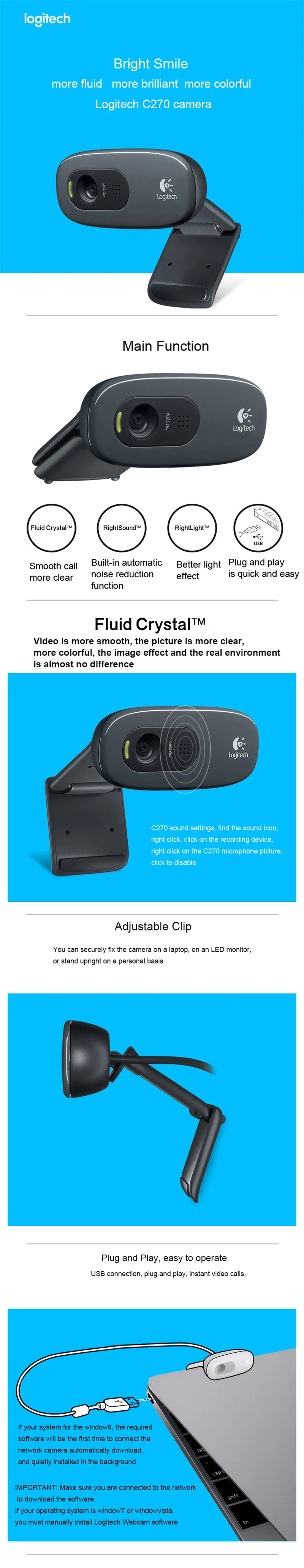 Широкоформатная HD веб-камера logitech C270 720p с 3-мп и функцией видеозвонок и записи