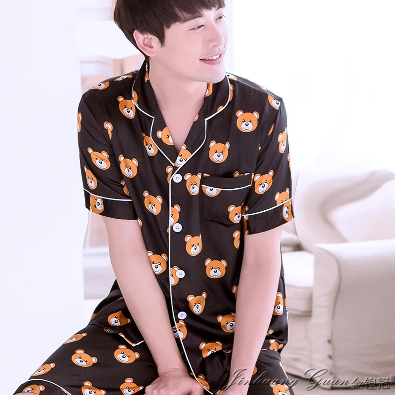 Тонкие мужские шелковые пижамы летние пуловеры с коротким рукавом большие