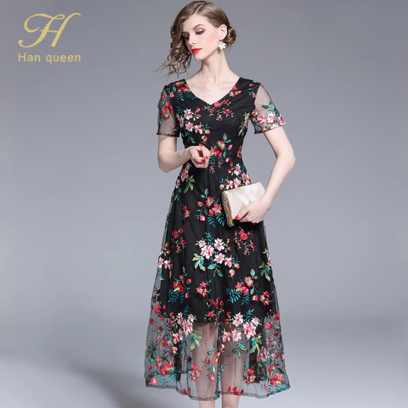 BLACK H Han queen/летние сетчатые Платья с коротким рукавом, женские модные облегающие сексуальные длинные платья, европейские повседневные офисные вечерние платья с вышивкой - Цвет: BLACK