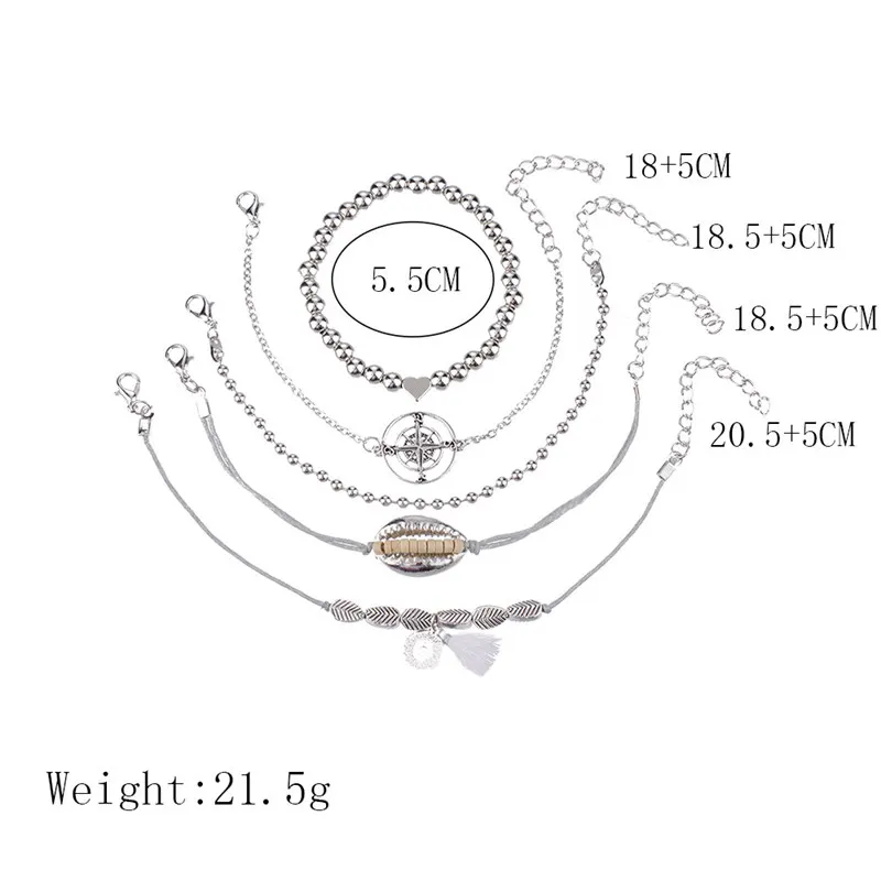 5Pcs/ Set Boho Compass Carved Leaf Shell Heart Beads Chain Bracelet Women Charm Multilayer Party Combination | Украшения и