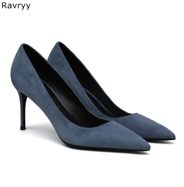 Blue sude leather women's high heel office lady outfits female dress shoes pointed toe thin single slip-on sexy pumps | Обувь