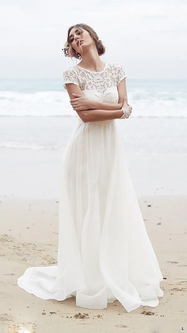 См. Хотя Scoop Декольте Короткими Рукавами Кружева Пляж Долго Шифона свадебные