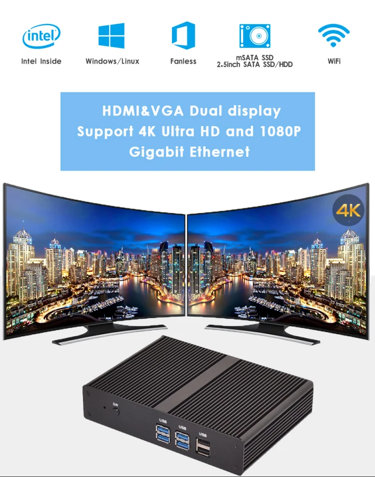 Windows мини ПК intel celeron четырехъядерный 2,0-2,41 ГГц cpu DDR3 ram/Msata/SATA SSD 6USB порт