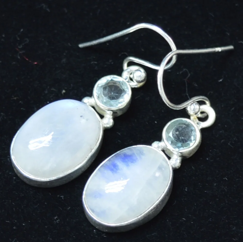 Genuine Rainbow Moonstone + Blue Topaz EARRINGS 925 Sterling Silver 35.3 mm AE2143 | Украшения и аксессуары