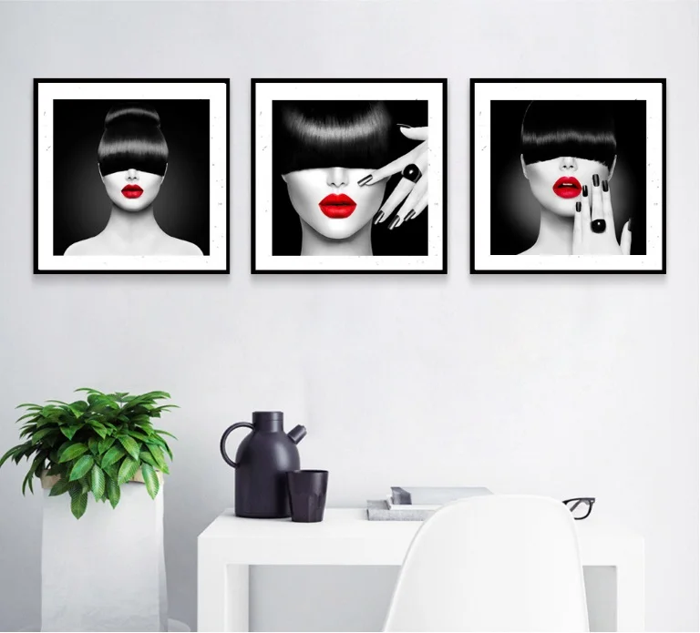 

3 Pieces Black and White Hairdresser's Fashion Woman Adornment Paintings Wall Art Canvas Picture for Living Room No Framed