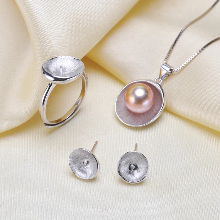 

S925 Sterling Silver Pearl Pendant Ring Earrings Set Mounts Findings Beautiful Jewelry Set Parts Fittings Women's Accessories