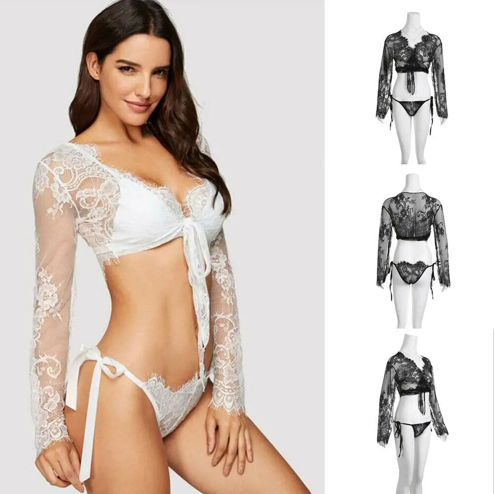 

New Hot Women's Sexy Lace Sleepwear Lingerie Set Sleepwear Underwear Long Sleeve Bikini Summer Beach Blouse NEW