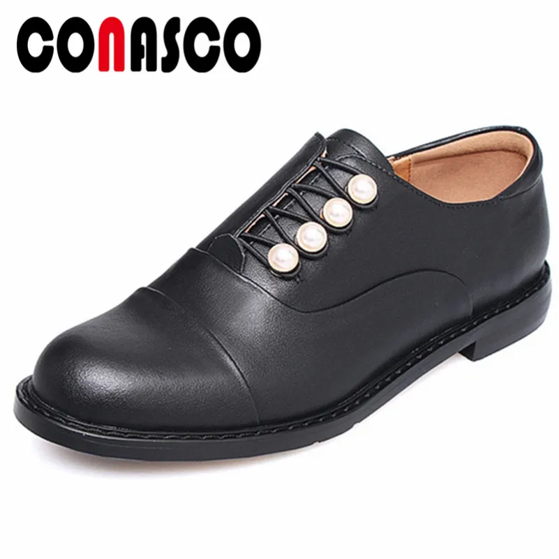 

CONASCO 2021 Newest Women Pumps Med Heels Beading Party Dancing Shoes Woman Genuine Leather Round Toe Martin Shoes Ladies Pumps