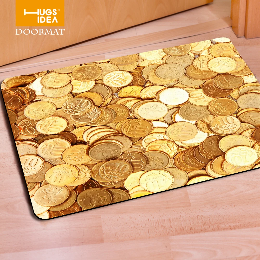 Коврик HUGSIDEA нескользящий Придверный коврик с уникальным 3D принтом монет