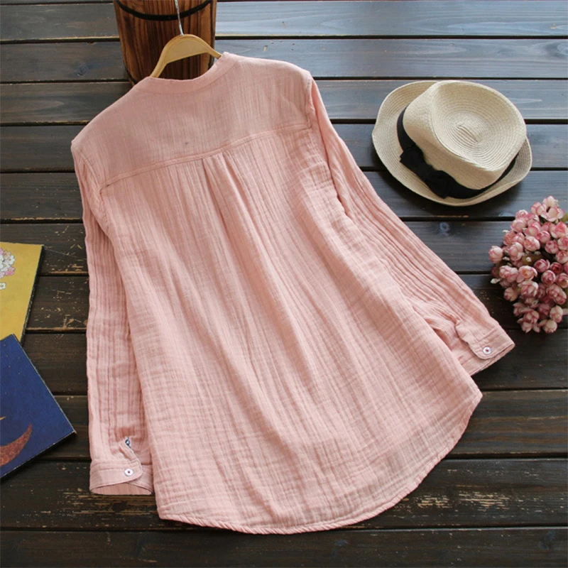 New solid color wild stand collar shirt cotton V-neck long-sleeved T-shirt | Женская одежда